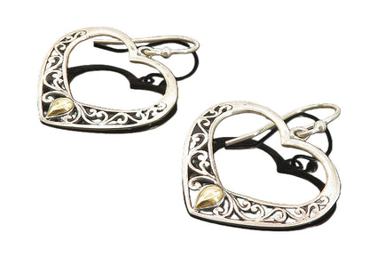 925 Silver & 18K GOLD  Vintage Two Tone Open Love Heart Drop Earrings  EG3865