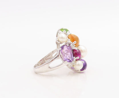 925 Sterling Silver Vintage Ring Brutalist Multi Gemstone Cluster  Sz 5  RG30710