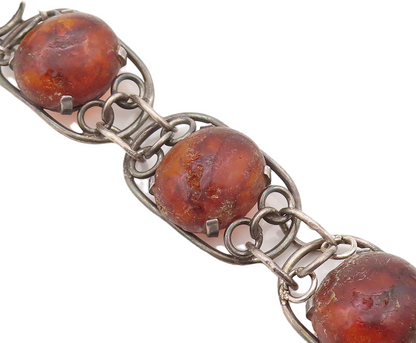 925 Sterling Silver Vintage Bracelet POLAND Brutalist Design Large Amber BT10815