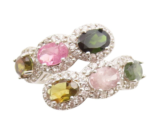 925 Sterling Silver Vintage Ring Multi Gemstone & CZ Bypass Band  Sz 7  RG33741