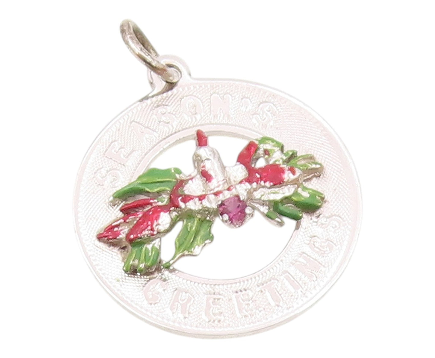 925 Silver  Vintage Enamel & Topaz Seasonal Greetings Medal Pendant  PT20841