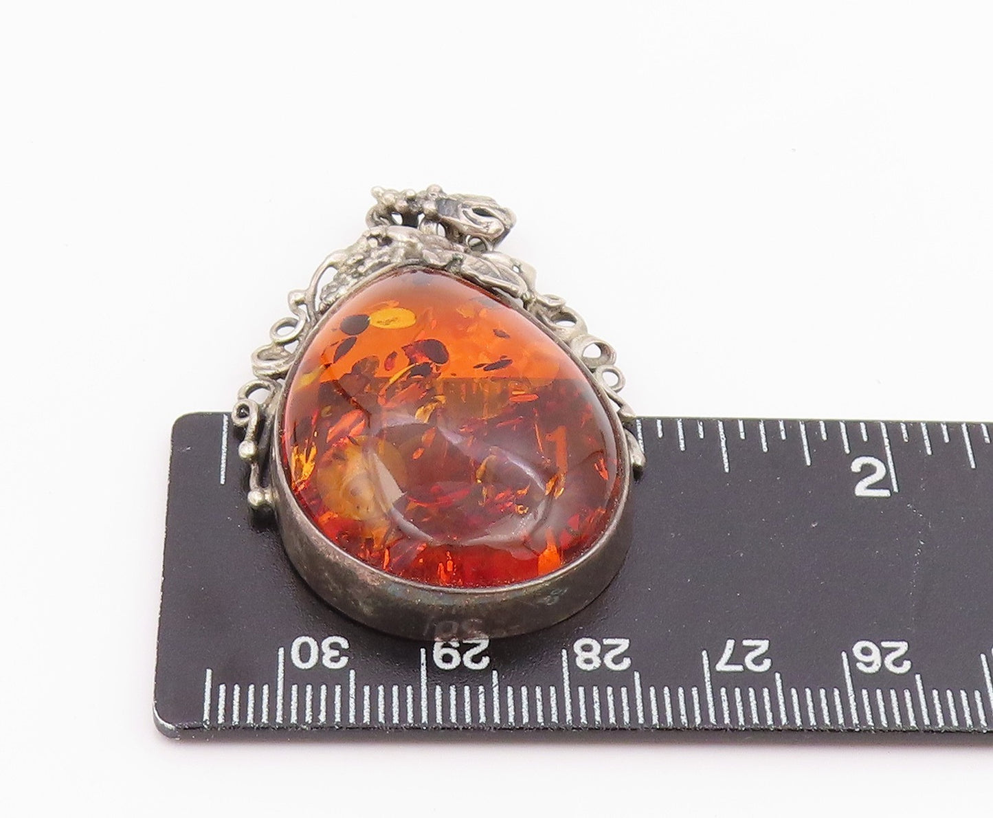 925 Sterling Silver Vintage Pendant POLAND Teardrop Amber Grape & Leaf  PT26034