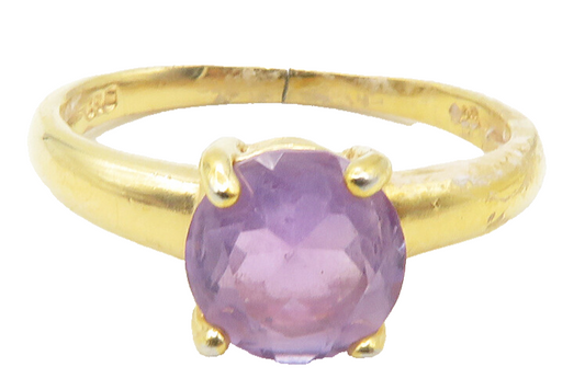 925 Sterling Silver  Amethyst Gold Plated Shiny Solitaire Ring Sz 6  RG11774