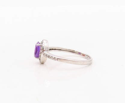 925 Sterling Silver Vintage Ring Oval Cut Amethyst Halo CZ  Sz 7  RG29949