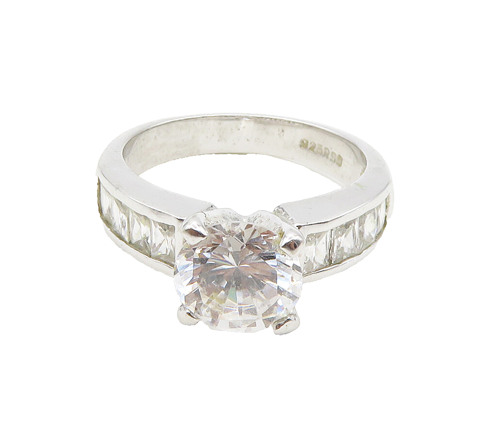 925 Sterling Silver  Shiny Cubic Zirconia Solitaire Accent Ring Sz 7  RG16351