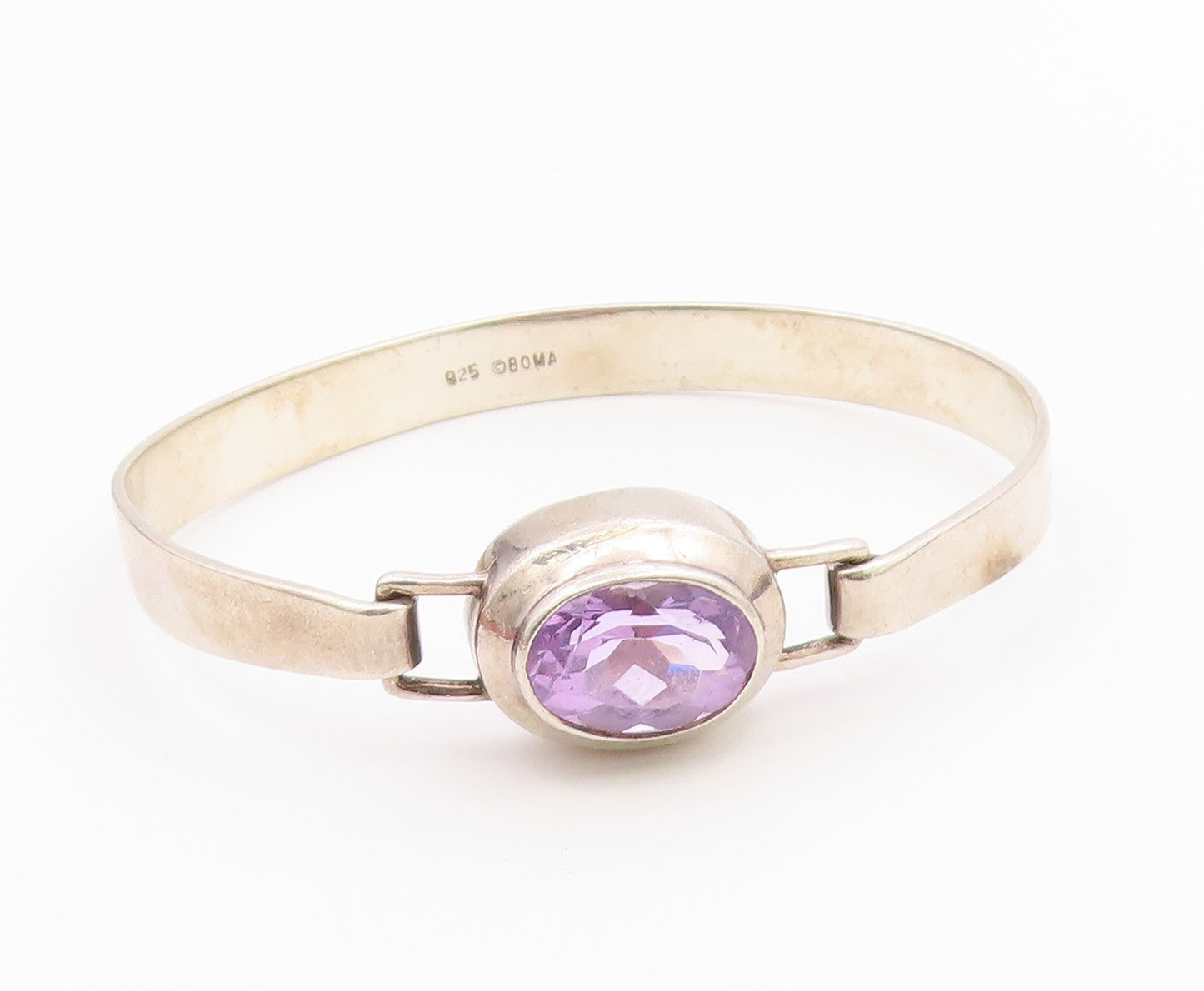BOMA 925 Sterling Silver Vintage Inlaid Oval Amethyst Bangle Bracelet BT9632