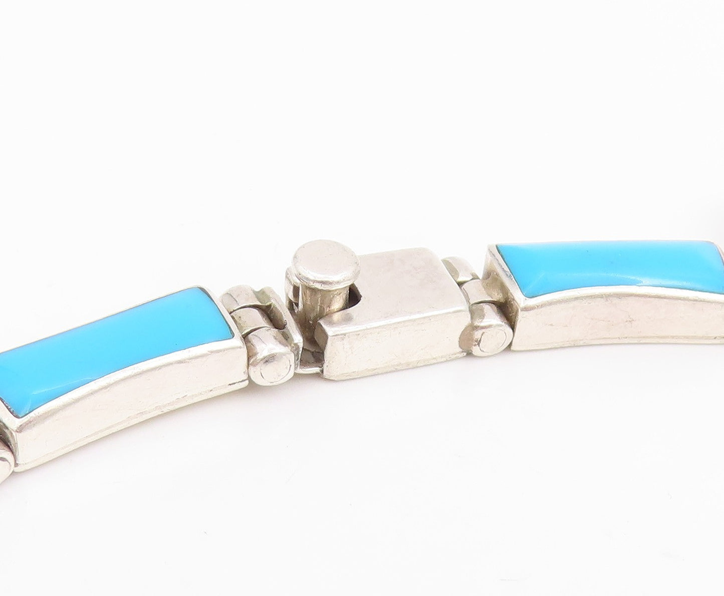 925 Sterling Silver Vintage Necklace MEXICO Turquoise Inlay Panel Choker  NE4787