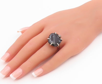 925 Sterling Silver Vintage Ring Modernist Black Agate Solid Band  Sz 7  RG35469