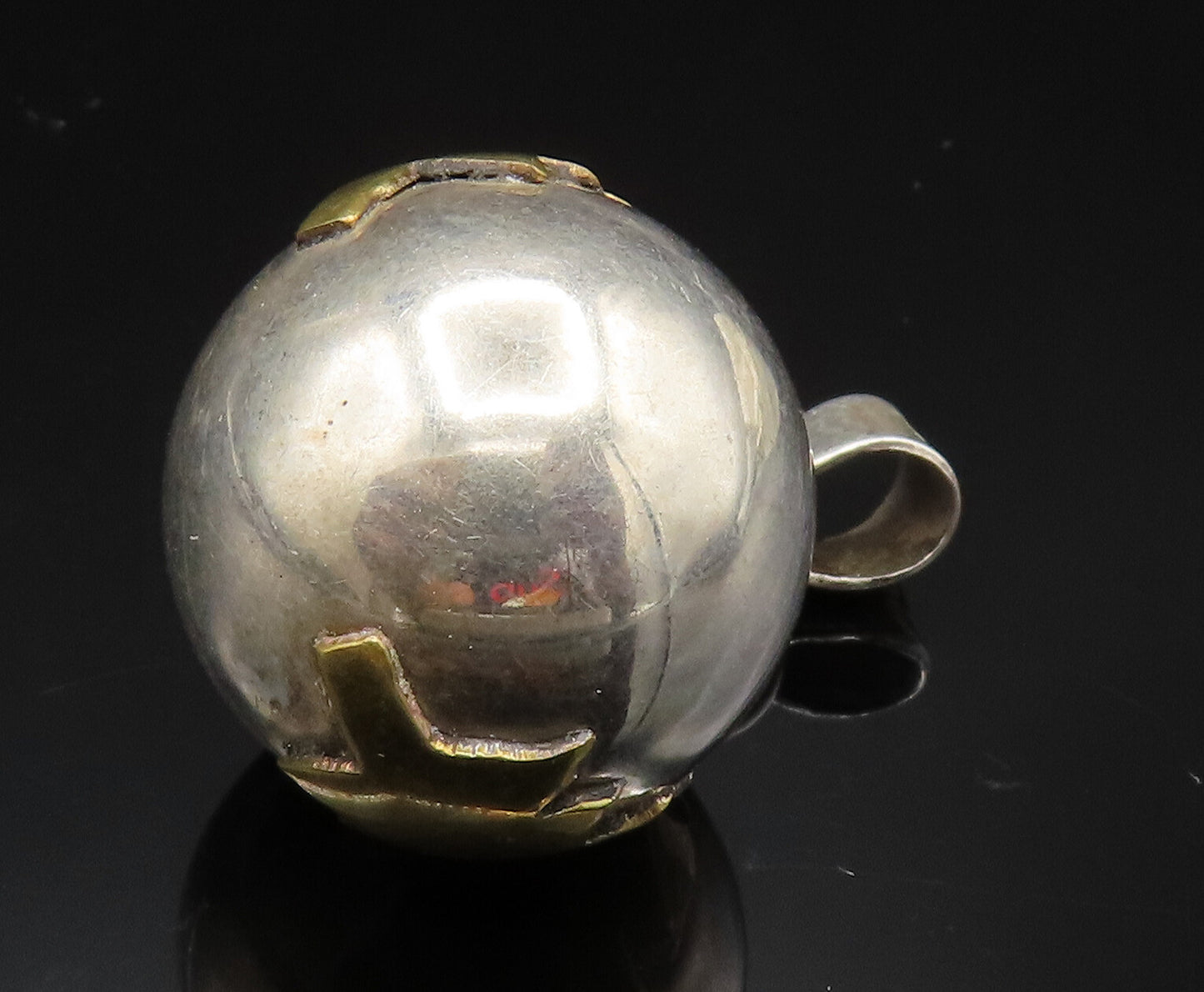 MEXICO 925 Silver  Vintage Two Tone Tree Sphere Ball Pendant (RATTLES) PT20793