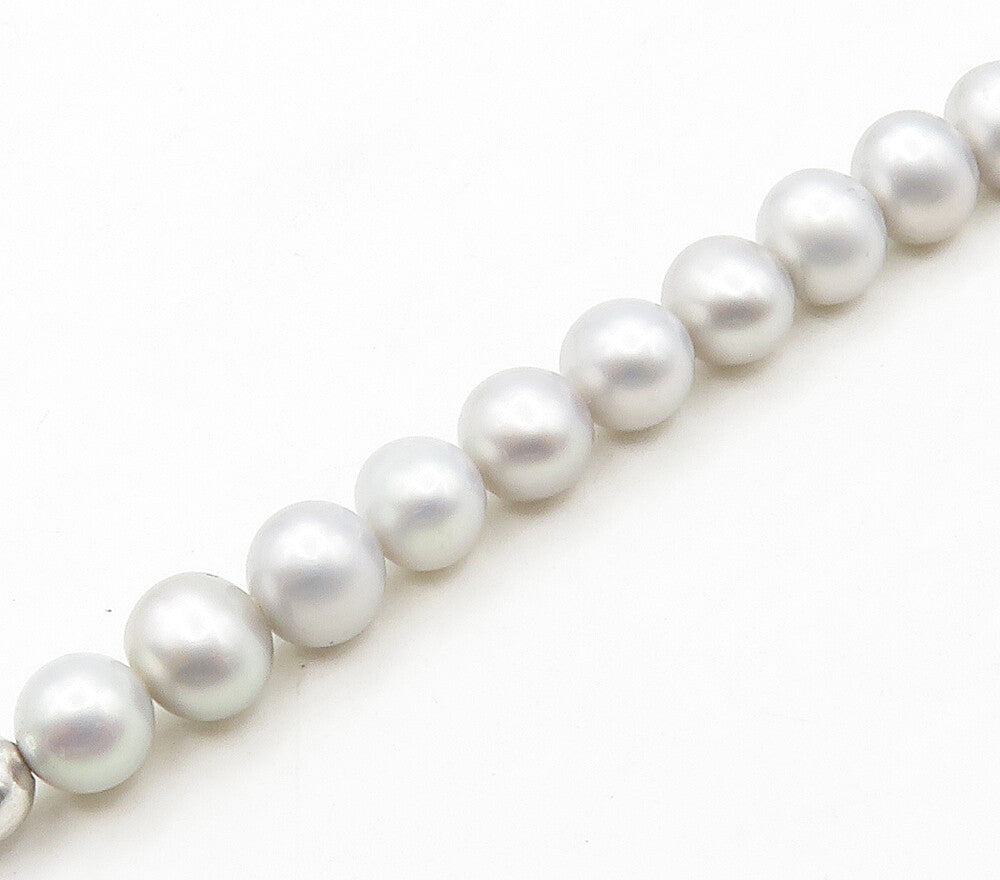 925 Sterling Silver  Shiny Freshwater Pearls Beaded Chain Necklace  NE2574