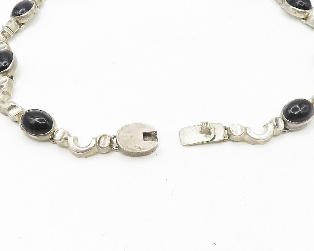 MEXICO 925 Silver  Vintage Heavy Cabochon Black Onyx Chain Necklace  NE2926