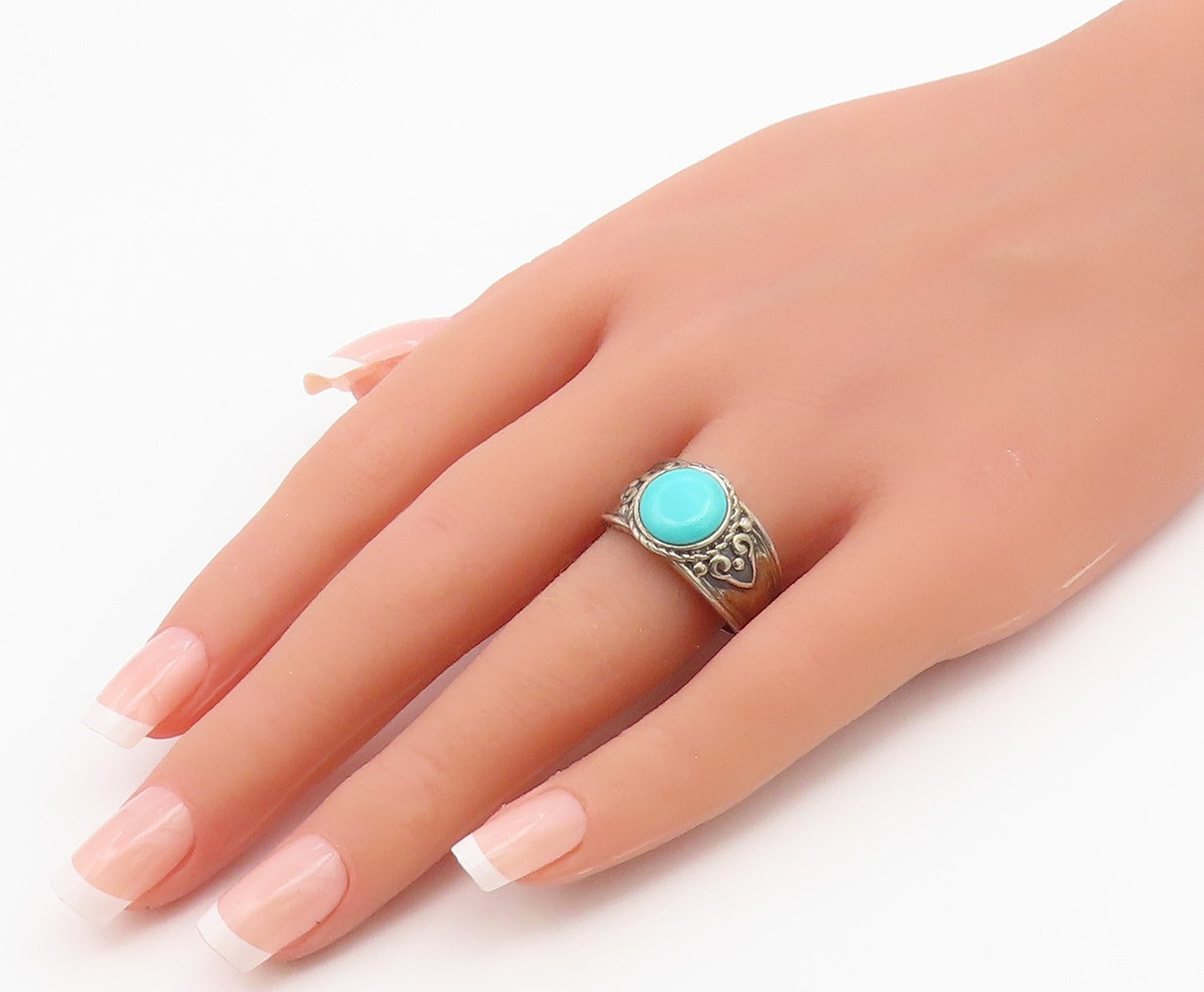 925 Sterling Silver Vintage Ring Classic Turquoise Statement Band  Sz 9  RG36824