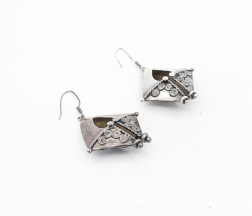 925 Sterling Silver   Vintage Dark Tone Spiral Pattern Dangle Earrings  EG4378