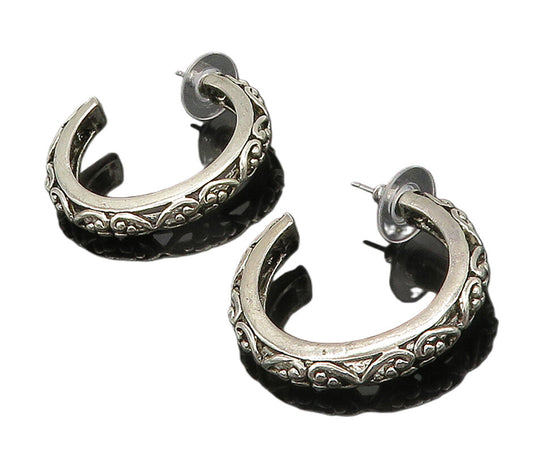925 Sterling Silver  Vintage Shiny Love Heart Pattern JHoop Earrings  EG8265