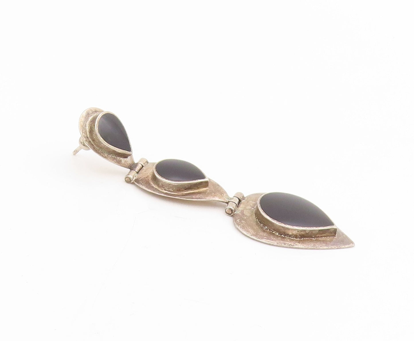 925 Sterling Silver Vintage Earrings Cabochon Black Onyx Teardrop Dangle EG13983