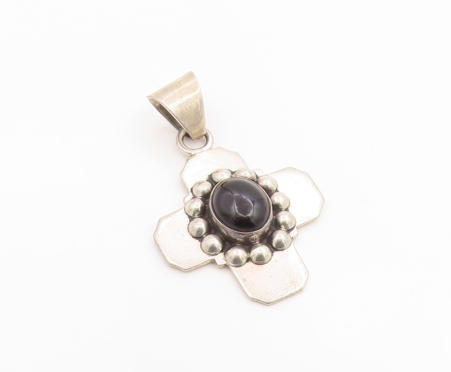925 Sterling Silver Vintage Pendant MEXICO Black Onyx Religious Cross  PT26092