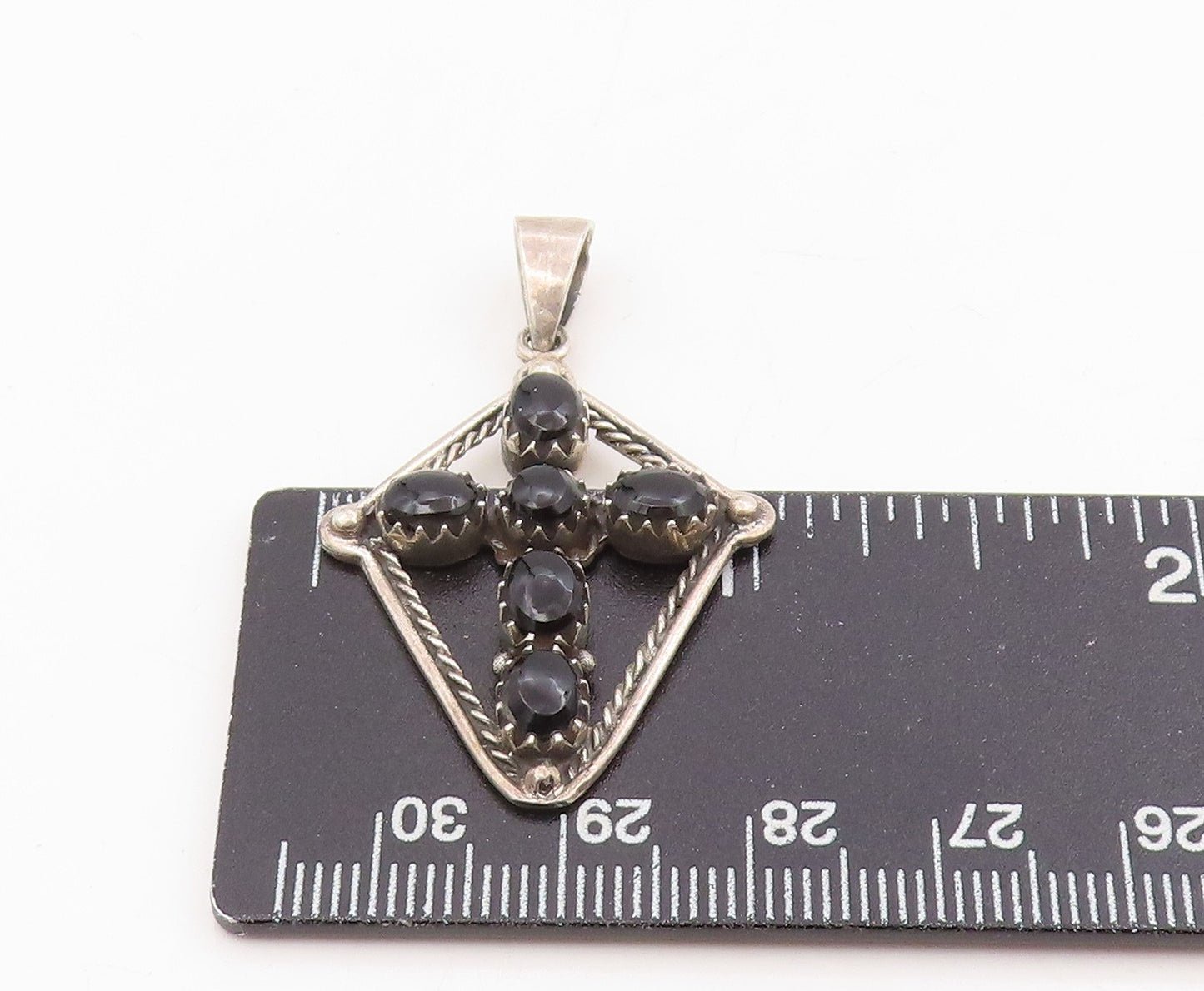 925 Sterling Silver Vintage Pendant Oval Onyx Geometric Religious Cross  PT25791