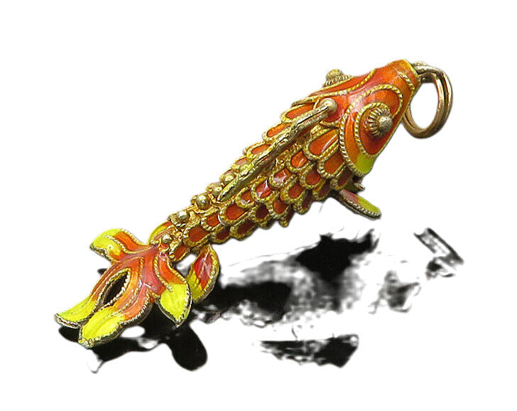 925 Sterling Silver  Vintage Enamel Hollow Koi Fish Pendant (MOVES)   PT17595