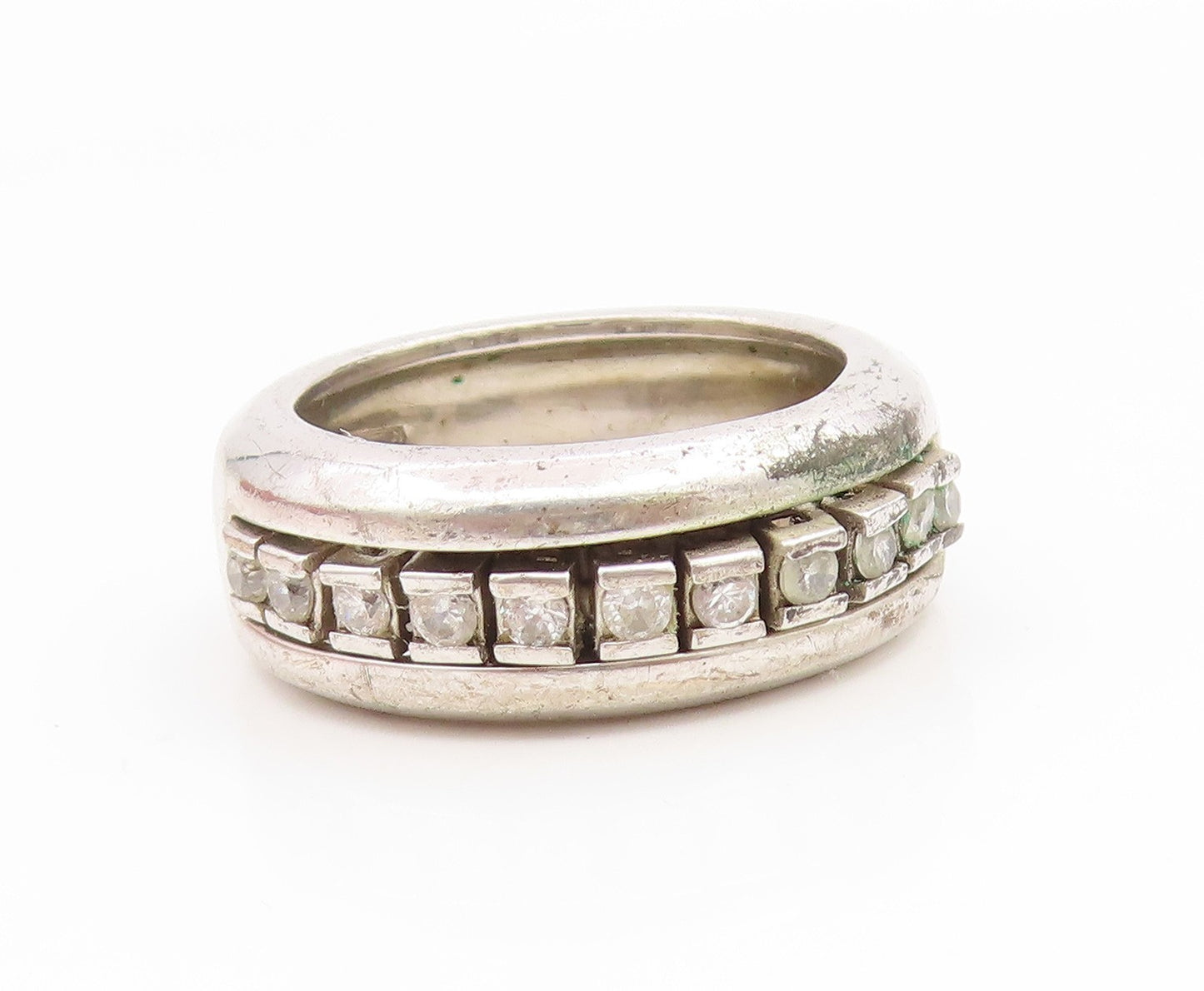 925 Sterling Silver Vintage Ring Channel Set CZ Classic Wide Band  Sz 8  RG35082