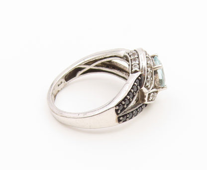 925 Sterling Silver Vintage Ring Aquamarine & Black Spinel Band  Sz 9  RG36869