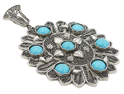 925 Sterling Silver  Vintage Cabochon Cut Turquoise Filigree Pendant  PT6285