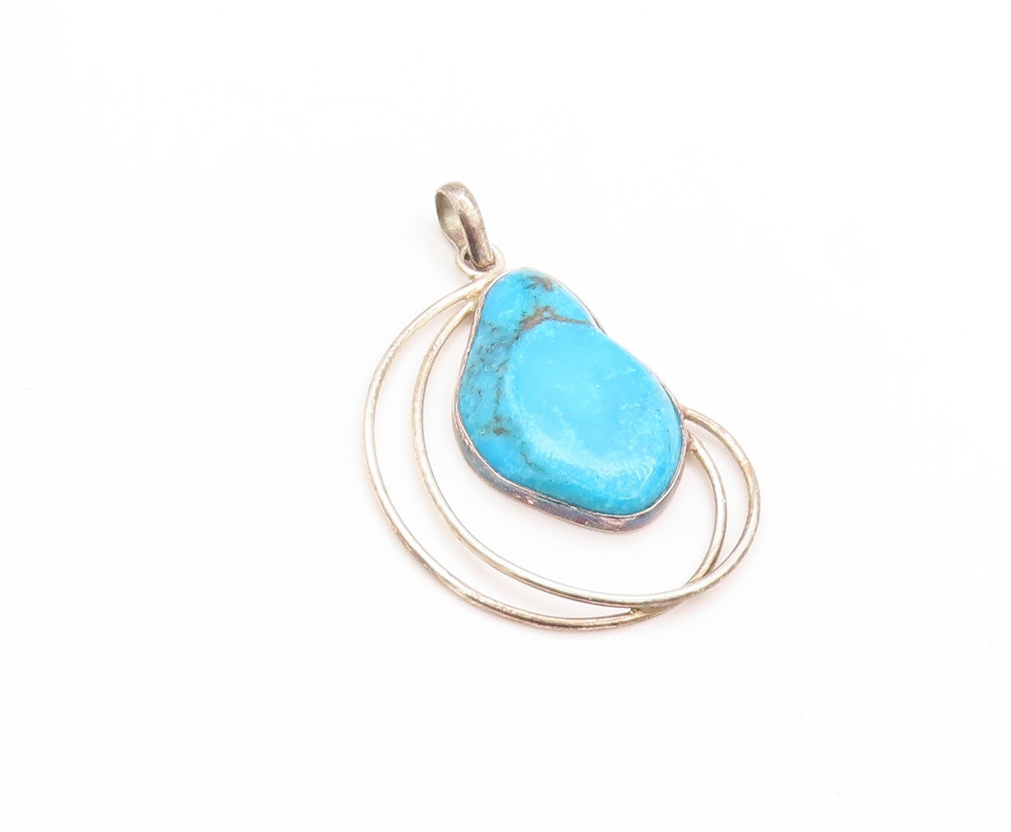 925 Sterling Silver Vintage Pendant Modernist Turquoise Wired Design  PT24208