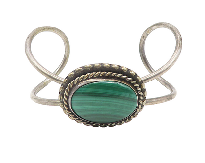 MANIQUIS 925 Silver  Vintage Cabochon Malachite Twist Cuff Bracelet  BT4568