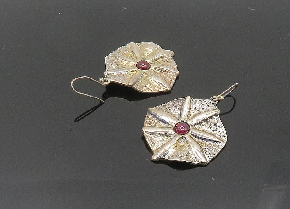 925 Sterling Silver  Vintage Garnet Modernist Floral Dangle Earrings  EG10144