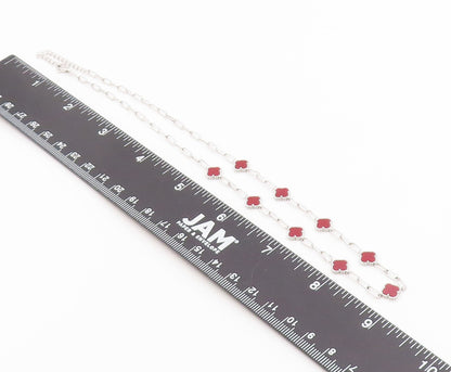 925 Sterling Silver Vintage Necklace Elegant Carnelian Lucky Clover Chain NE4917