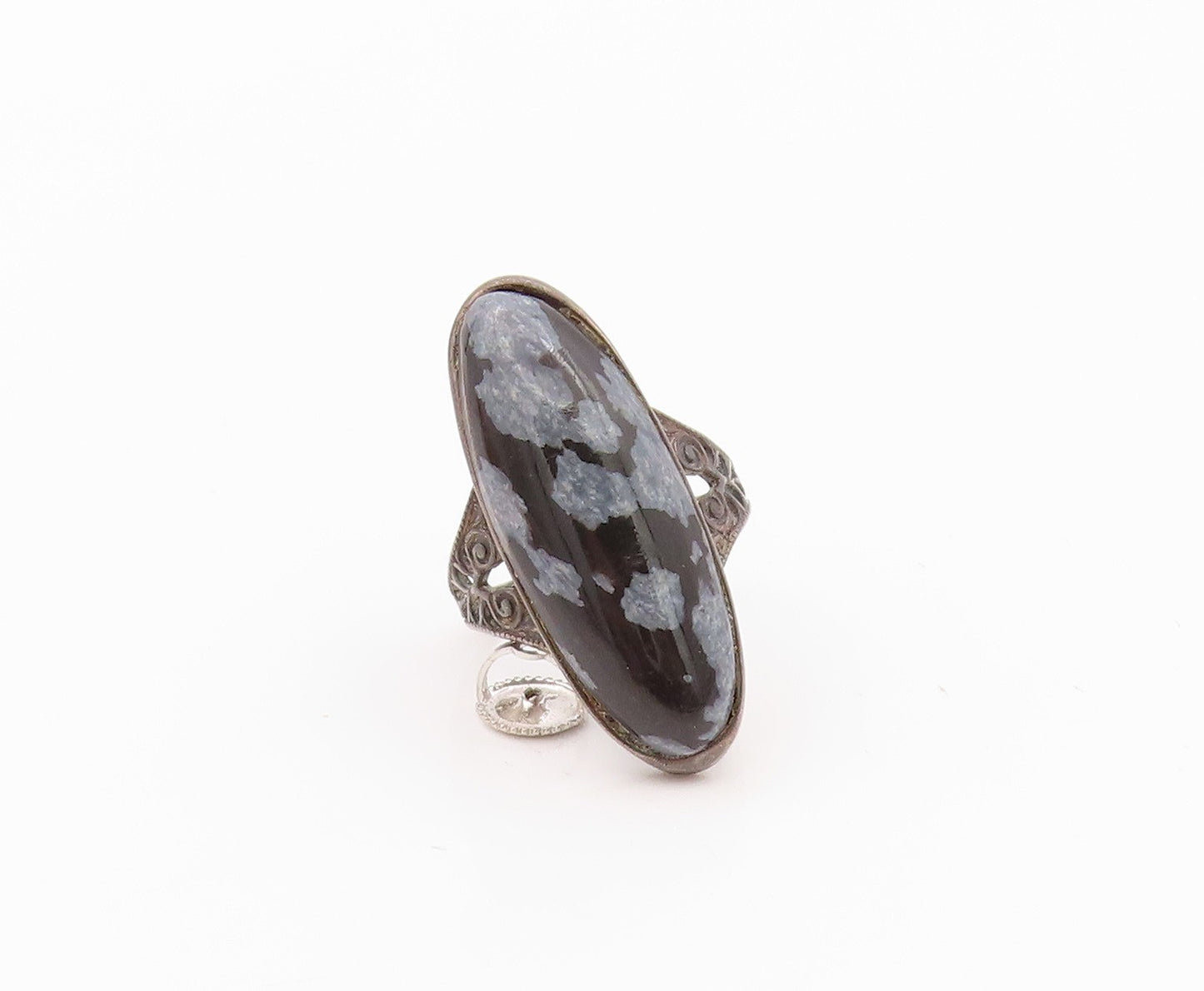 925 Sterling Silver Vintage Ring Dark Tone Cutout Band Gemstone Sz 5.5  RG32379