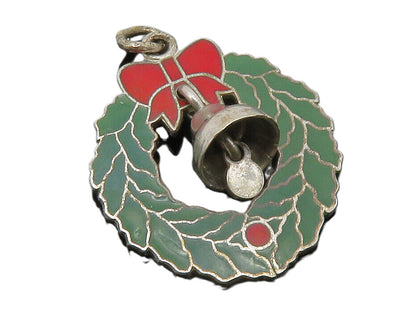 925 Sterling Silver  Vintage Enamel Christmas Wreath & Bell Pendant  PT9939