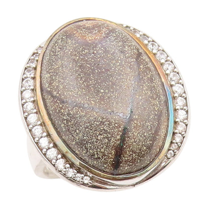 925 Sterling Silver Vintage Ring Oval Gemstone & CZ Statement Band Sz 9 RG35043