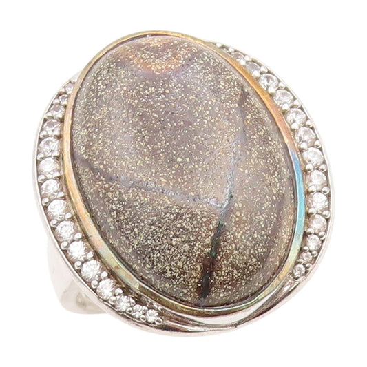 925 Sterling Silver Vintage Ring Oval Gemstone & CZ Statement Band Sz 9 RG35043