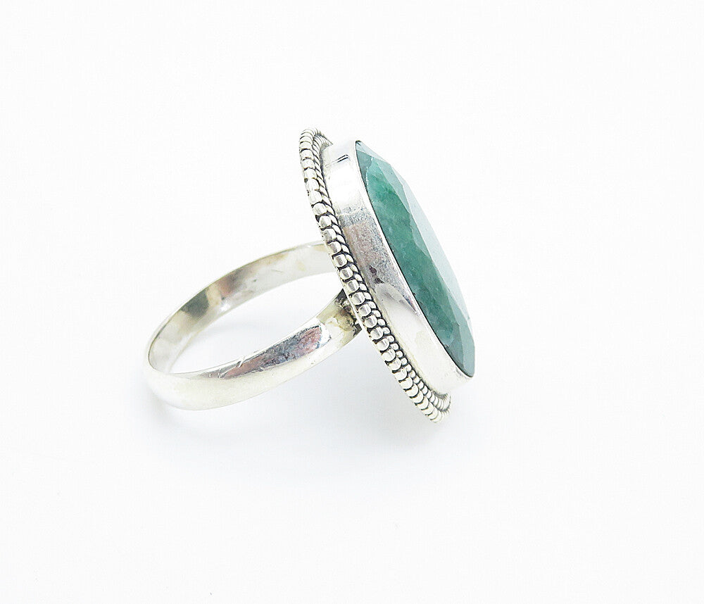 925 Sterling Silver Emerald Twist Border Oval Cocktail Ring Sz 7 RG8494