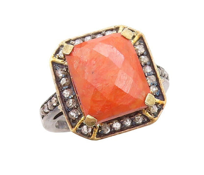 925 Sterling Silver Vintage Ring Square Orange Gemstone & Diamonds Sz 7  RG30180