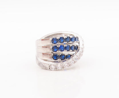 925 Sterling Silver Vintage Ring Designer Sapphire & CZ Bands  Sz 7  RG29464