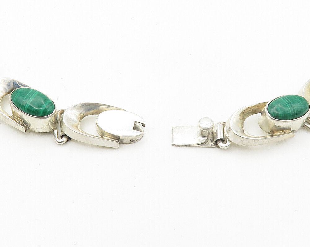 MEXICO 925 Sterling Silver Vintage Cabochon Malachite Chain Necklace  NE2887