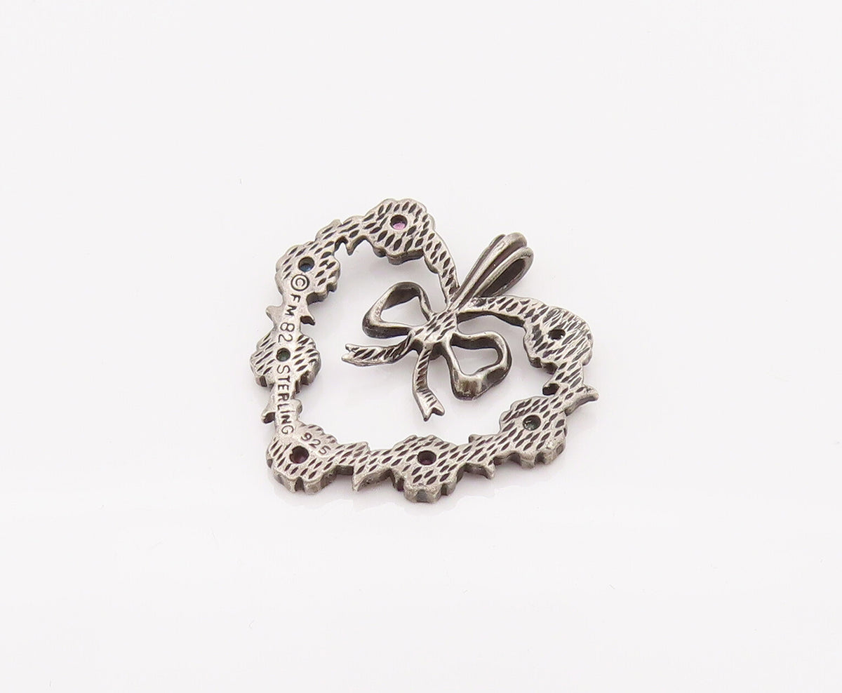 925 Sterling Silver  Vintage Flower Band Heart With bow Topaz Pendant  PT22154