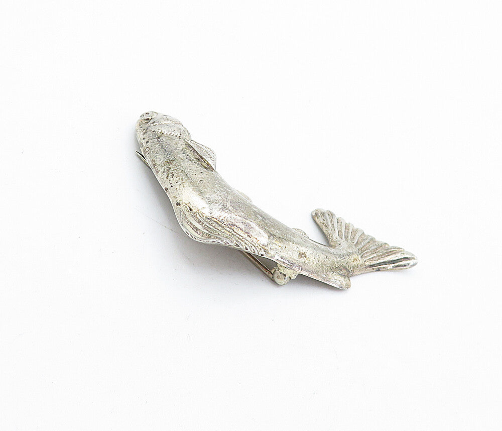 DESIGNER 925 Sterling Silver  Vintage Dark Tone Fish Motif Brooch Pin  BP1715