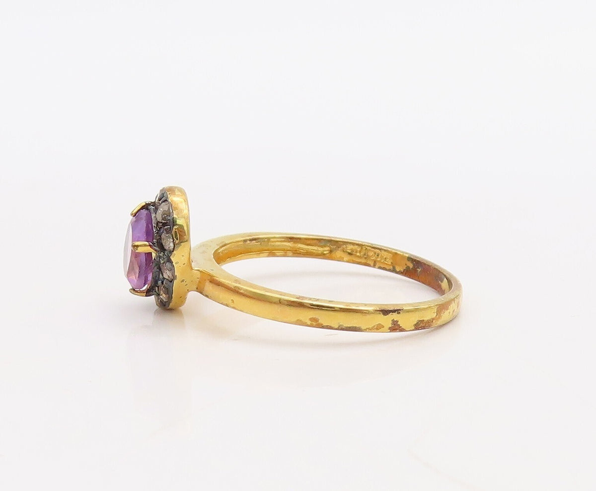 925 Sterling Silver Vintage Ring Gold Plated Diamonds & Gemstones  Sz 8  RG30536