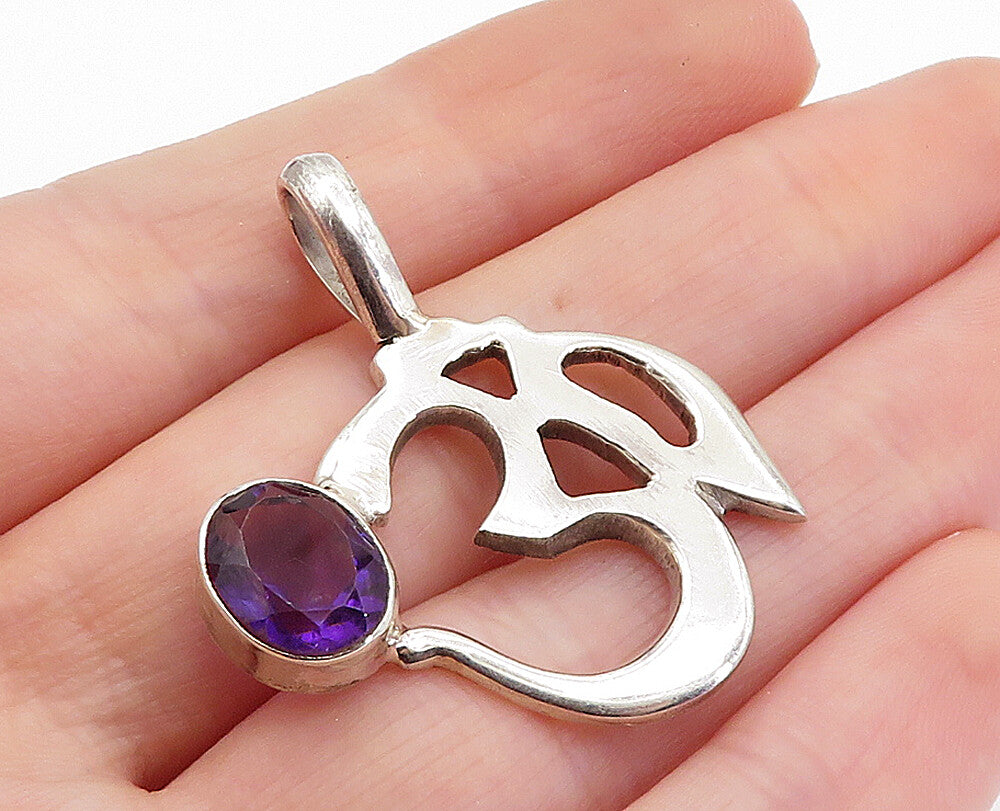 925 Sterling Silver  Faceted Amethyst Om Spiritual Symbol Pendant  PT5945