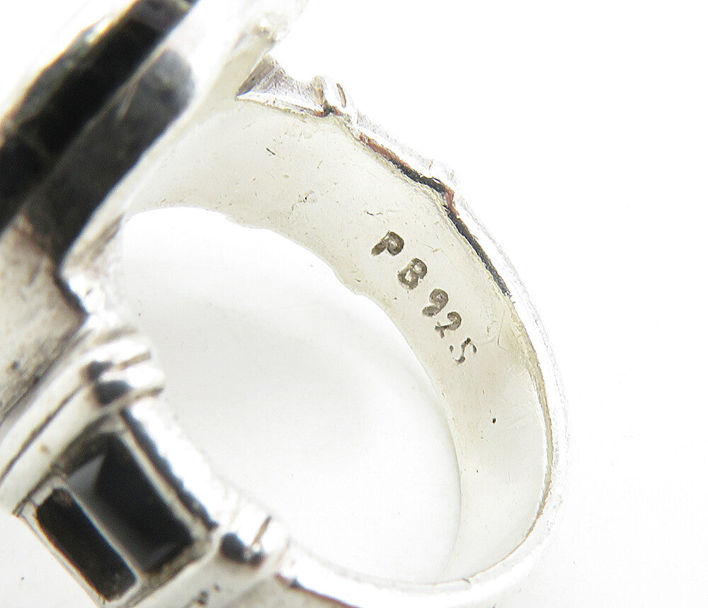 PB 925 Sterling Silver Vintage Black Onyx Cross Etched Band Ring Sz 8 RG8893