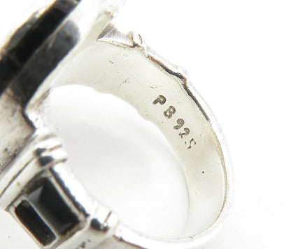 PB 925 Sterling Silver Vintage Black Onyx Cross Etched Band Ring Sz 8 RG8893