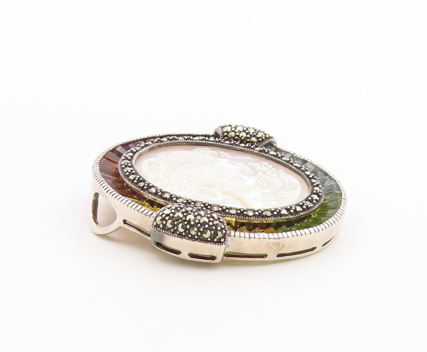 925 Sterling Silver Vintage Brooch Pin Multi Gemstone Cameo Portrait  BP12650