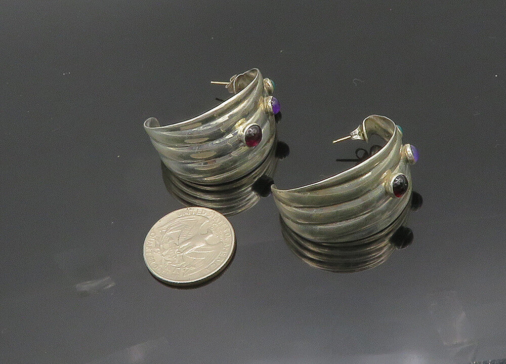 MEXICO 925 Silver  Vintage Garnet Amethyst & Carnelian Hoop Earrings  EG10020