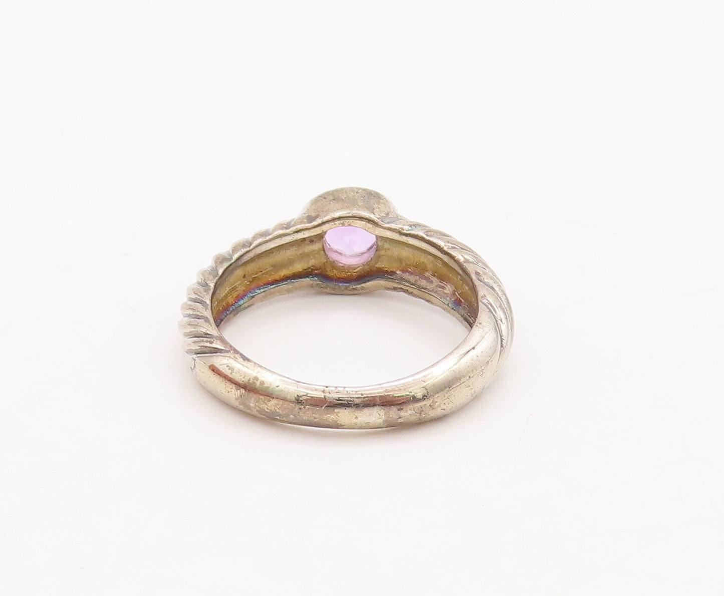 925 Sterling Silver Vintage Ring Grooved Band Round Amethyst Inlay Sz 8  RG29535