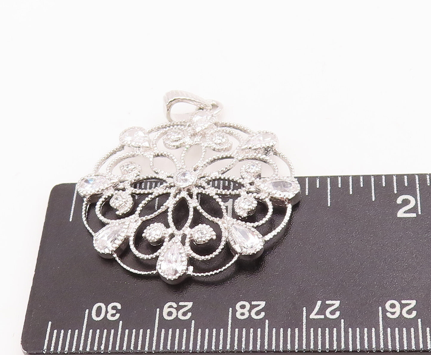925 Sterling Silver Vintage Pendant Swirly Cutout Drop Cut CZ Flower  PT22843