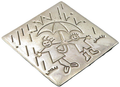 MEXICO 925 Sterling Silver  Vintage People In The Rain Scene Brooch Pin BP3745