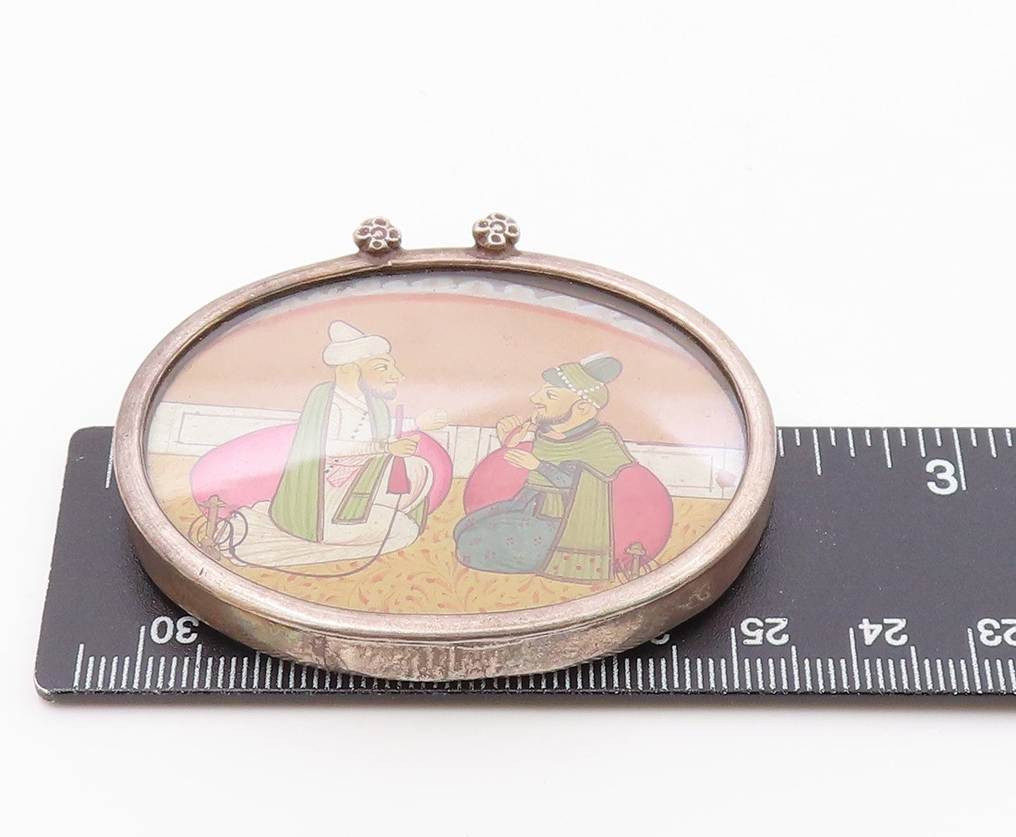 925 Sterling Silver  Vintage Antique Hookah Scene Oval Pendant  PT15679