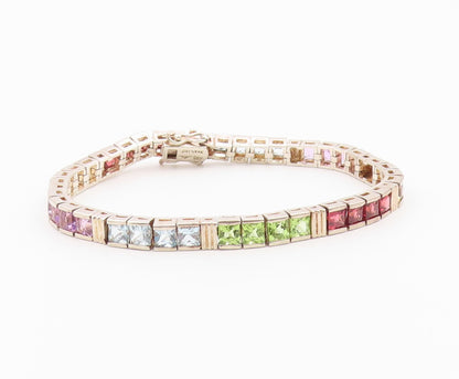 925 Sterling Silver Vintage Bracelet Square Cut Gemstone Tennis Link  BT12179